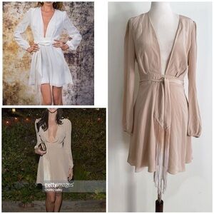 EUC CARMELLA Tan Michli Silk Fringe Belt deep V Neckline Cocktail Dress 4​​​​​​